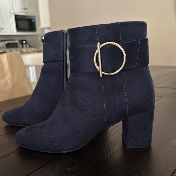 Elegant Navy Ankle Boots with Gold Buckle - Picture 1 of 3